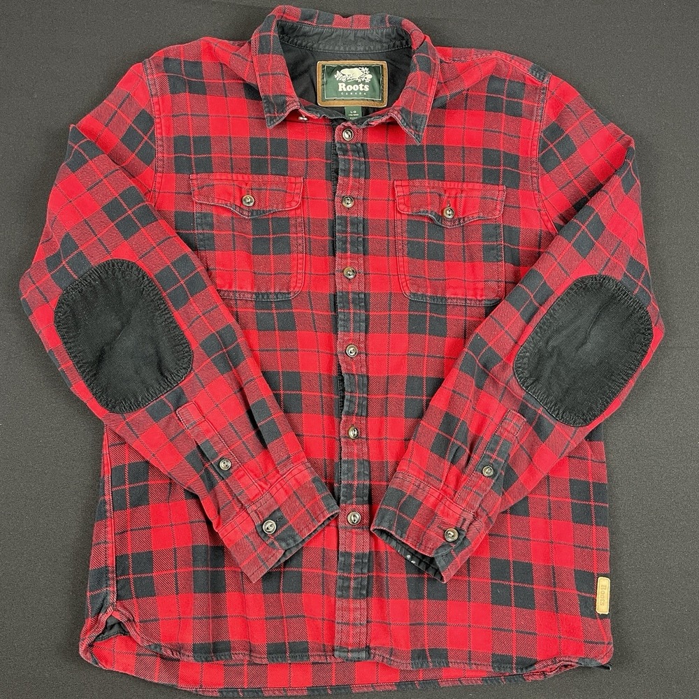 Roots Heavyweight Flannel Shirt Mens Large Red Black Buffalo Plaid Elbow Patch